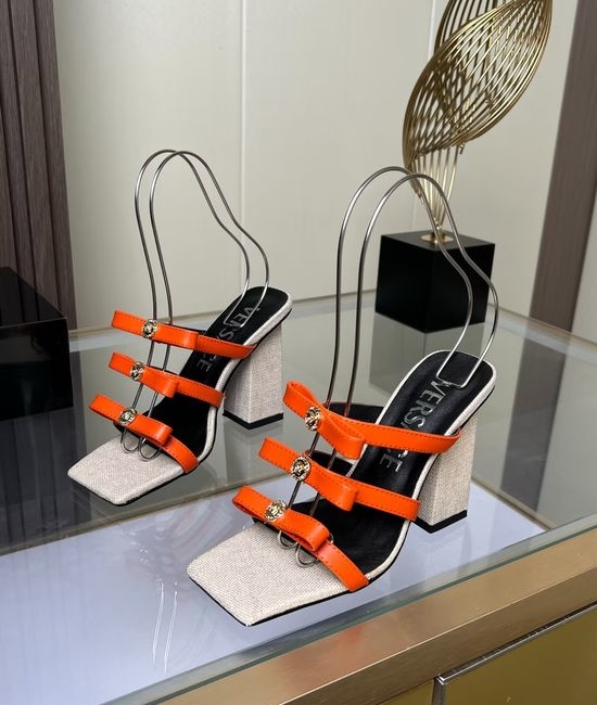 Versace Chic Square-toe High-heeled Slippers with Leather