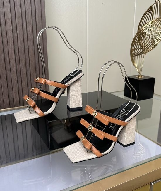 Versace Chic Square-toe High-heeled Slippers with Leather