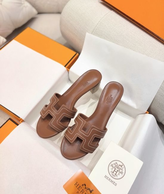 Hermes Embroidered Mid Heel Slide Sandals With Premium Leather Upper