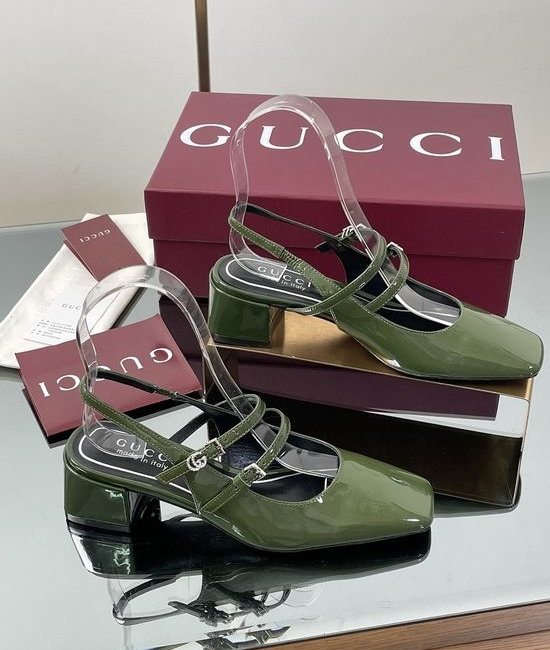 Gucci Rhinestone Buckle Slingback Chunky Heel Leather Mary Jane Shoes