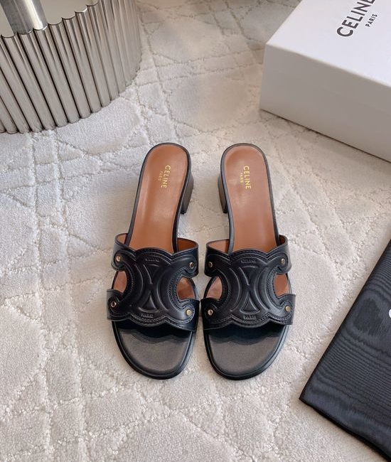 Celine Buckle Decor Chunky Heel Slides Classic Style Durable Outsole