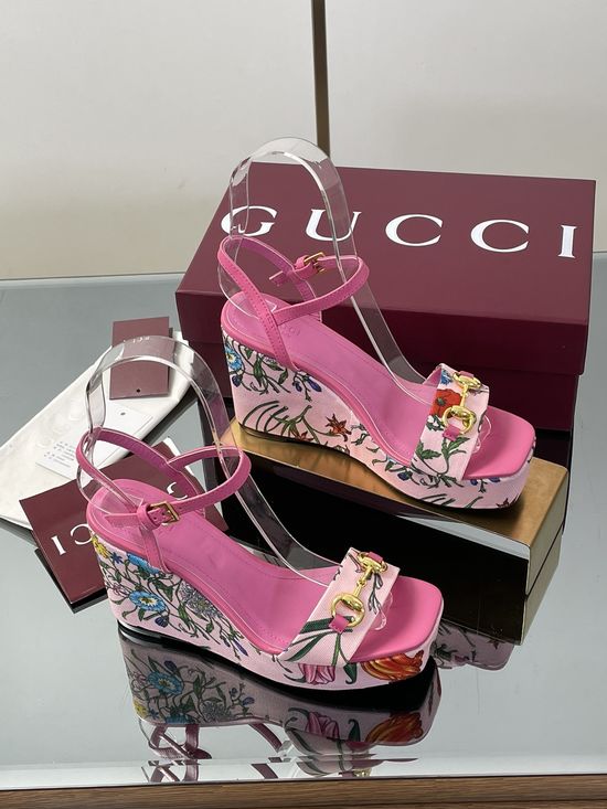 Gucci Floral Print High Heel Platform Wedge Sandals