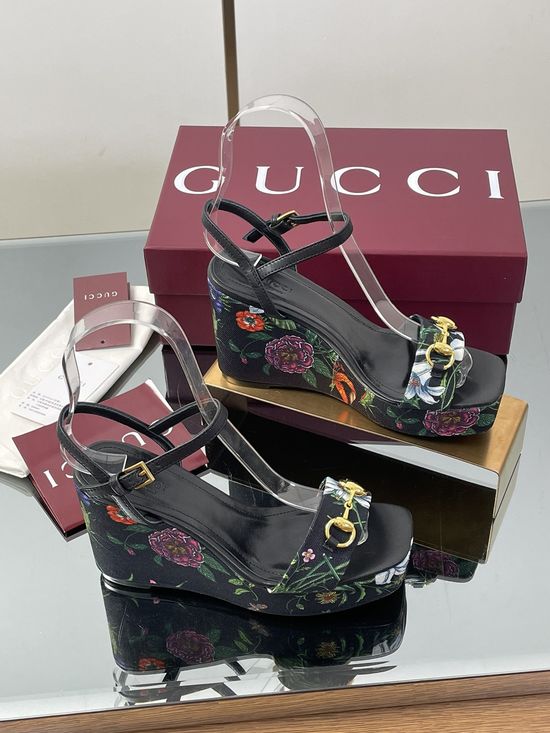 Gucci Floral Print High Heel Platform Wedge Sandals