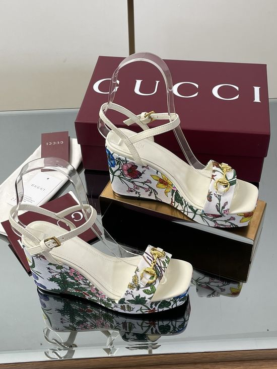 Gucci Floral Print High Heel Platform Wedge Sandals