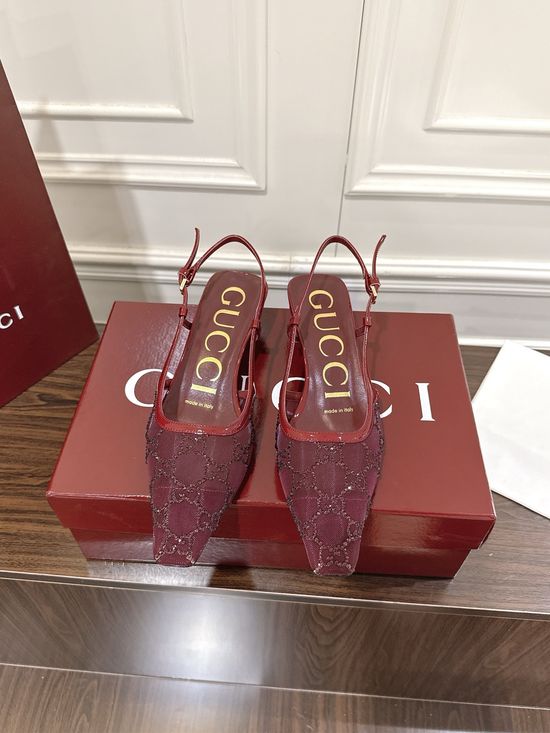 Gucci Rhinestone Mesh Low Heel Sandals with Buckle Closure