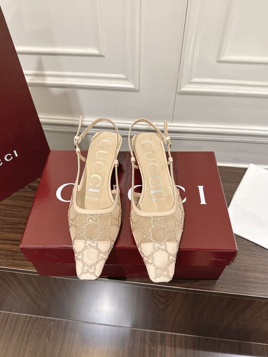 Gucci Rhinestone Mesh Low Heel Sandals with Buckle Closure
