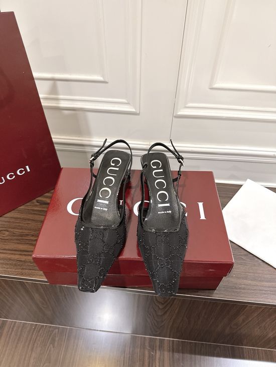 Gucci Rhinestone Mesh Low Heel Sandals with Buckle Closure