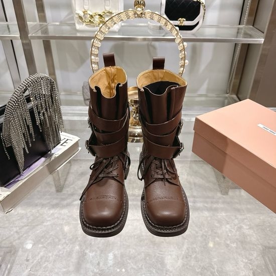 Miu Miu Suede Leather Combat Boots Non-slip Rubber Sole Low Heel