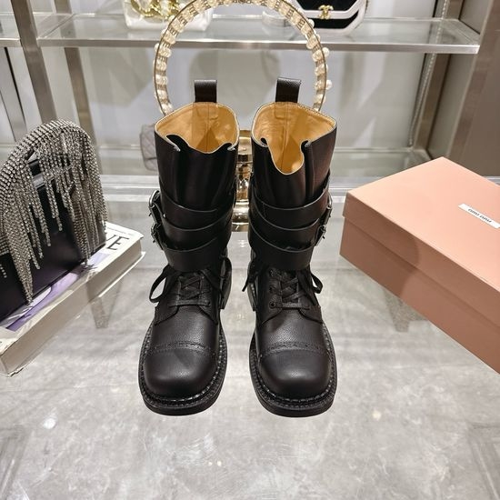 Miu Miu Suede Leather Combat Boots Non-slip Rubber Sole Low Heel