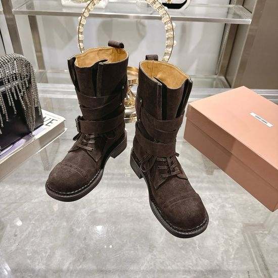 Miu Miu Suede Leather Combat Boots Non-slip Rubber Sole Low Heel