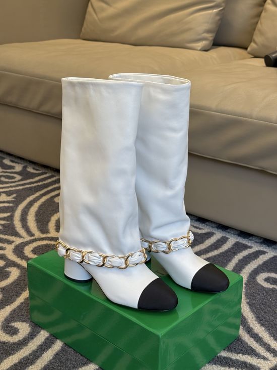 Chanel Genuine Leather Chain Decor Chunky Shaft Tall Boots