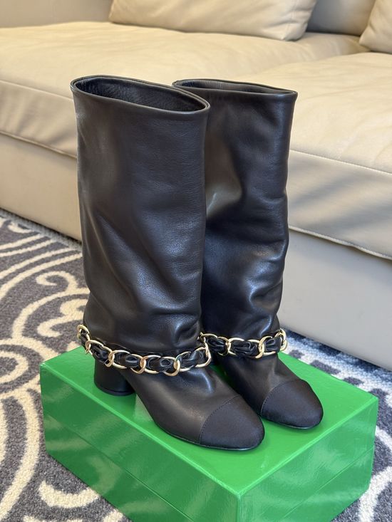 Chanel Genuine Leather Chain Decor Chunky Shaft Tall Boots