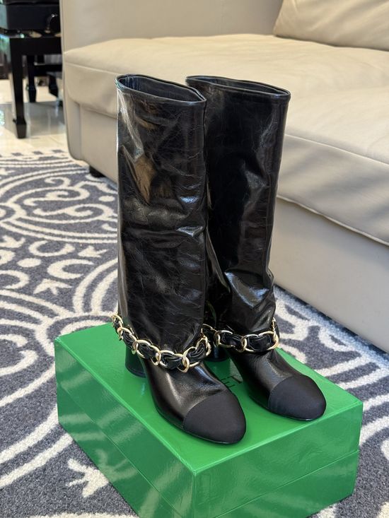 Chanel Genuine Leather Chain Decor Chunky Shaft Tall Boots