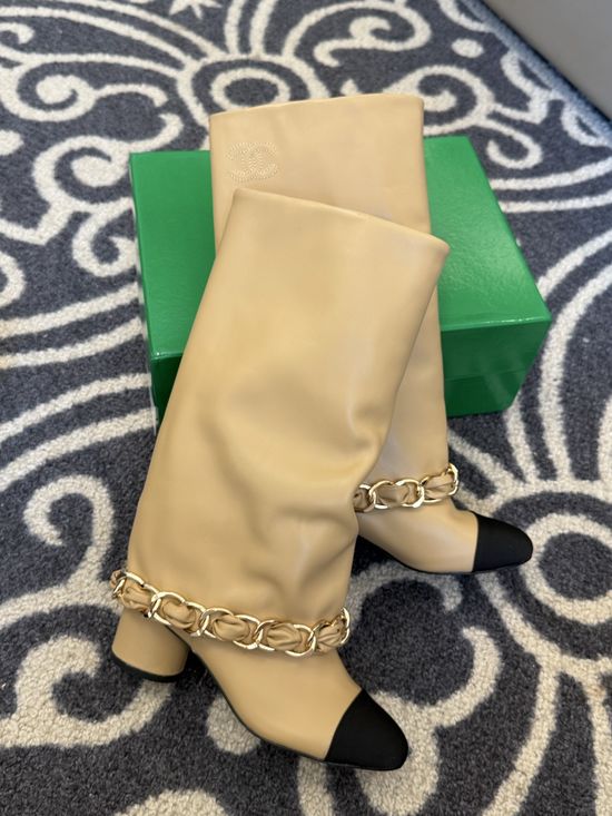 Chanel Genuine Leather Chain Decor Chunky Shaft Tall Boots