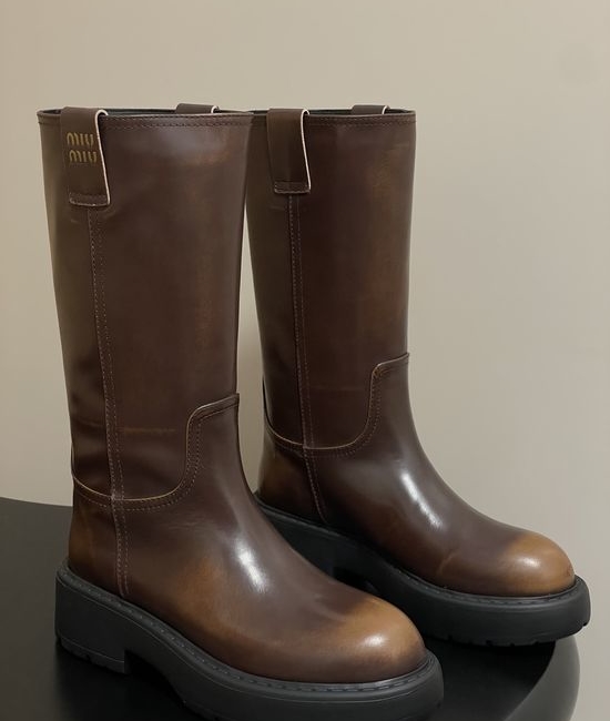 Miu Miu Premium Leather Mid-calf Boots with Soft Warm Lining