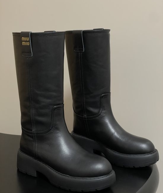 Miu Miu Premium Leather Mid-calf Boots with Soft Warm Lining