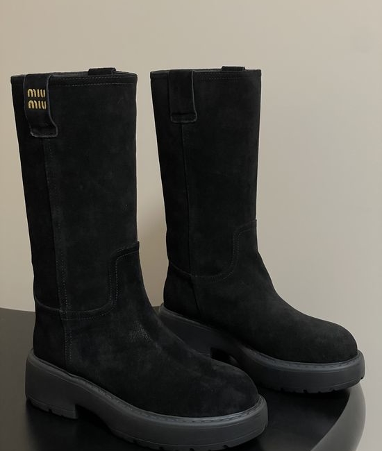 Miu Miu Premium Leather Mid-calf Boots with Soft Warm Lining