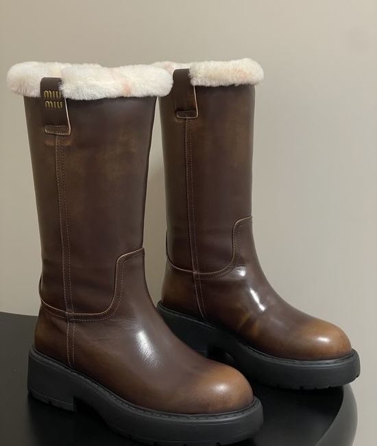 Miu Miu Premium Leather Mid-calf Boots with Soft Warm Lining