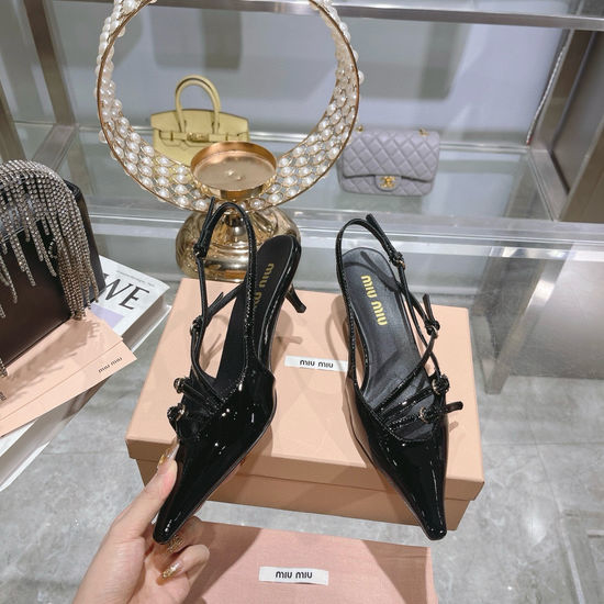 Miu Miu Pointed Toe Kitten Heel Sandals Cross Strap Leather Outsole