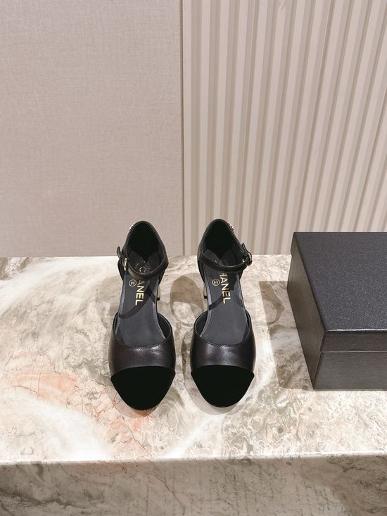 Chanel Pearl Accent Leather Mary Jane Comfort Heel Sandals