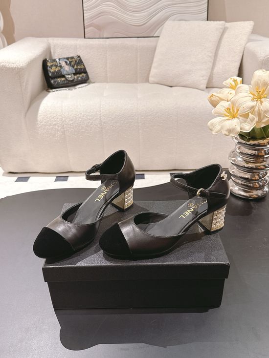 Chanel Elegant Pearl Heel Mary Jane Leather Shoes