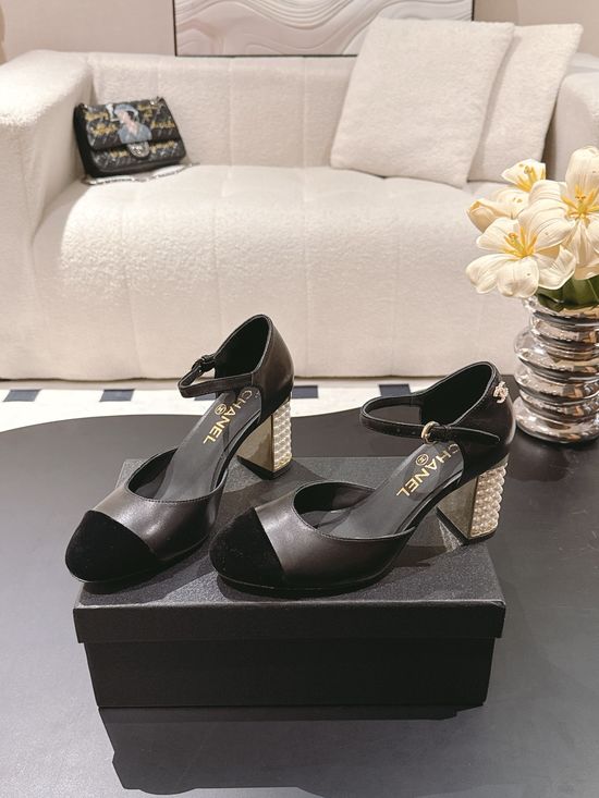 Chanel Elegant Pearl Heel Mary Jane Leather Shoes