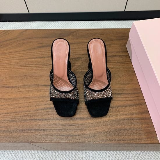 Amina Muaddi Rhinestone Mesh Mule Heel Sheepskin Insole Leather Sole