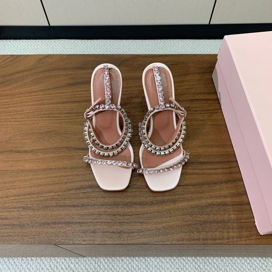 Amina Muaddi Rhinestone Chain Sandal Heel Sheepskin Insole Leather Sole