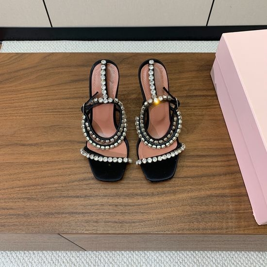 Amina Muaddi Rhinestone Chain Sandal Heel Sheepskin Insole Leather Sole