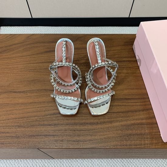 Amina Muaddi Rhinestone Chain Sandal Heel Sheepskin Insole Leather Sole