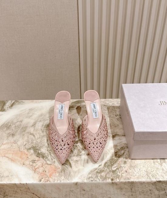Jimmy Choo Rhinestone Mid Heel Slide Sandals Leather Sole