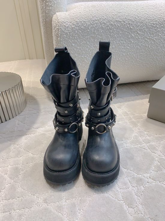 Balenciaga Distressed Leather Foldable Moto Boots with Metal Accents
