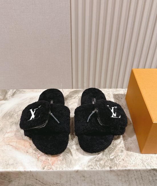 Louis Vuitton LV Shearling Lined Wool Slide Sandals Thick Sole