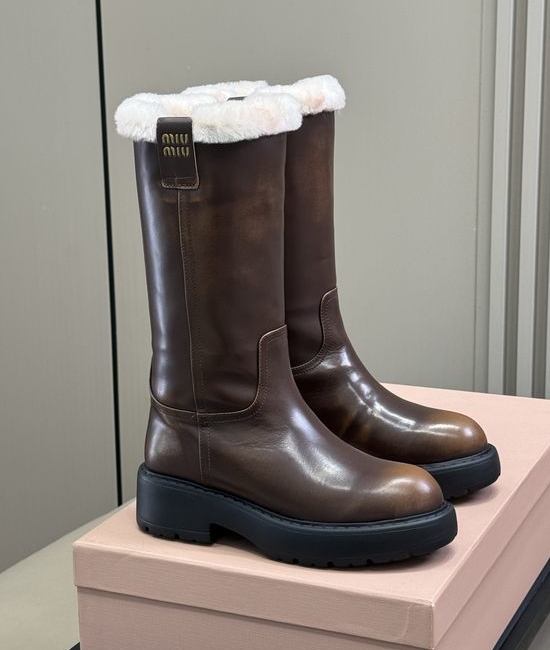 Miu Miu Warm Lined Mid Calf Boots with Leather Upper
