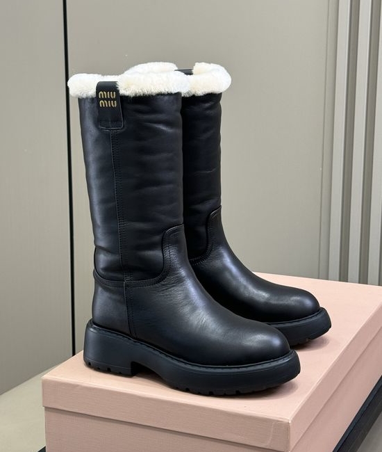 Miu Miu Warm Lined Mid Calf Boots with Leather Upper