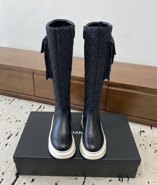 Chanel Quilted Leather Platform Boots with Small Pocket