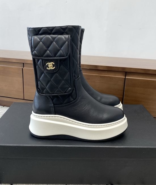 Chanel Quilted Leather Platform Boots with Side Pocket