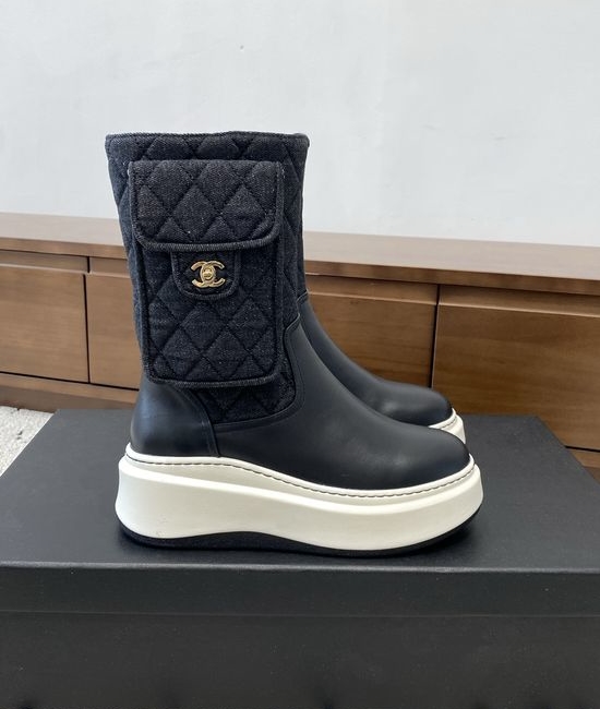 Chanel Quilted Leather Platform Boots with Side Pocket