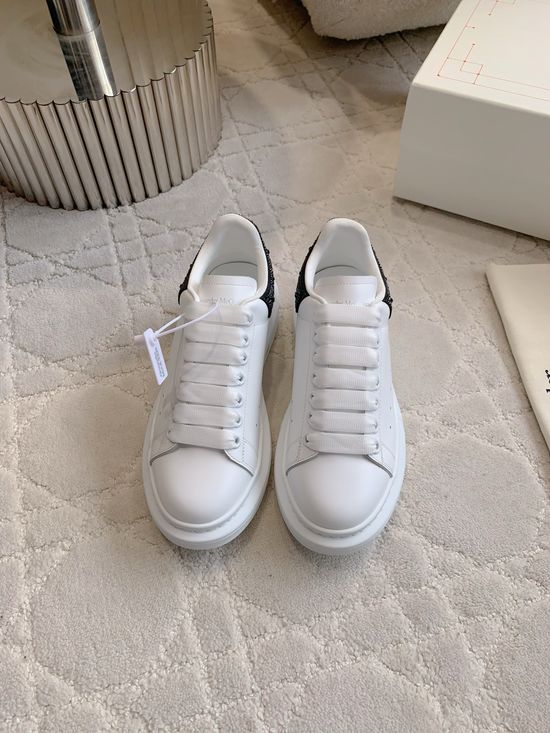 McQueen Rhinestone Tail Platform White Shoes Premium Leather Upper