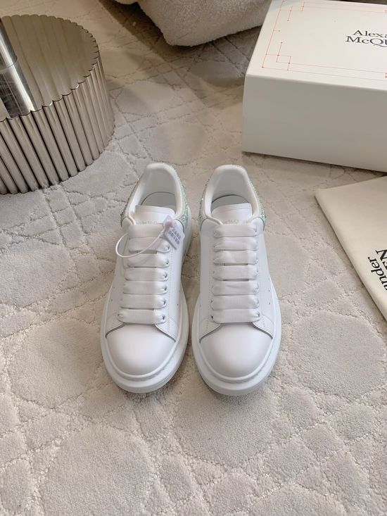 McQueen Rhinestone Tail Platform White Shoes Premium Leather Upper