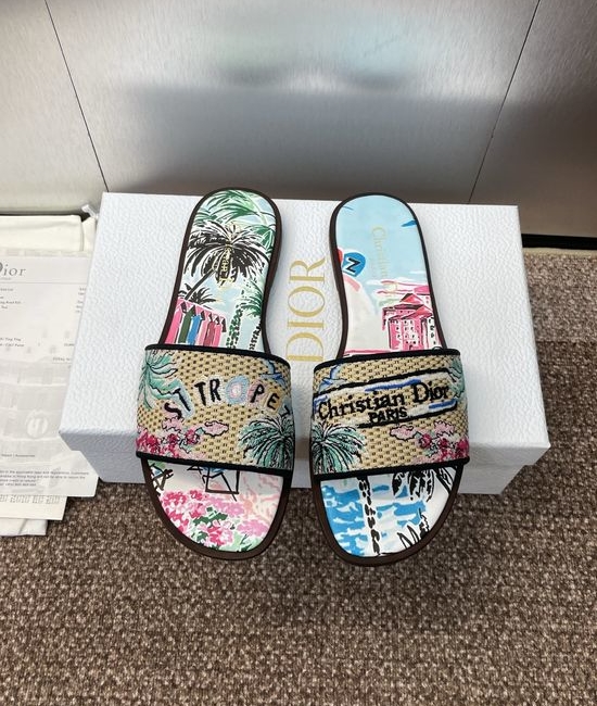 Christian Dior CD Embroidered Flat Slip-On Sandals with Round Toe