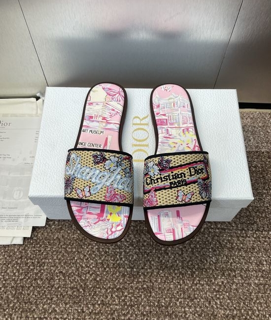 Christian Dior CD Embroidered Flat Slip-On Sandals with Round Toe