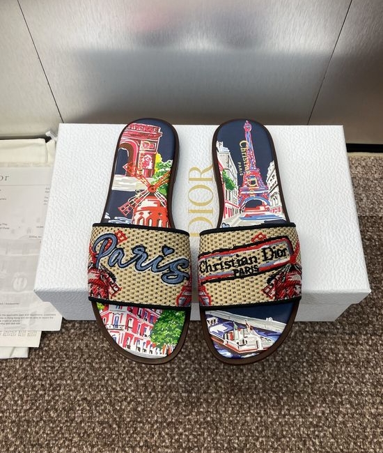 Christian Dior CD Embroidered Flat Slip-On Sandals with Round Toe