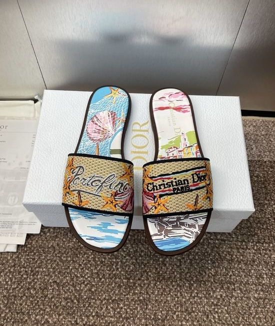 Christian Dior CD Embroidered Flat Slip-On Sandals with Round Toe