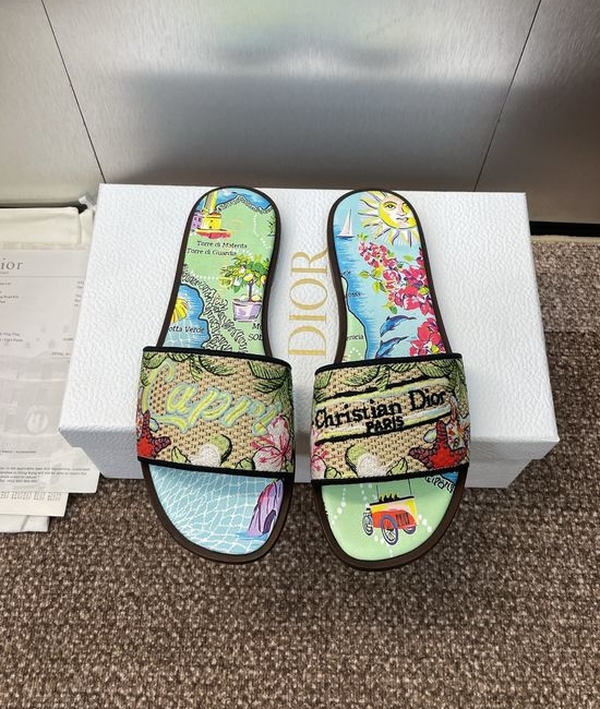 Christian Dior CD Embroidered Flat Slip-On Sandals with Round Toe