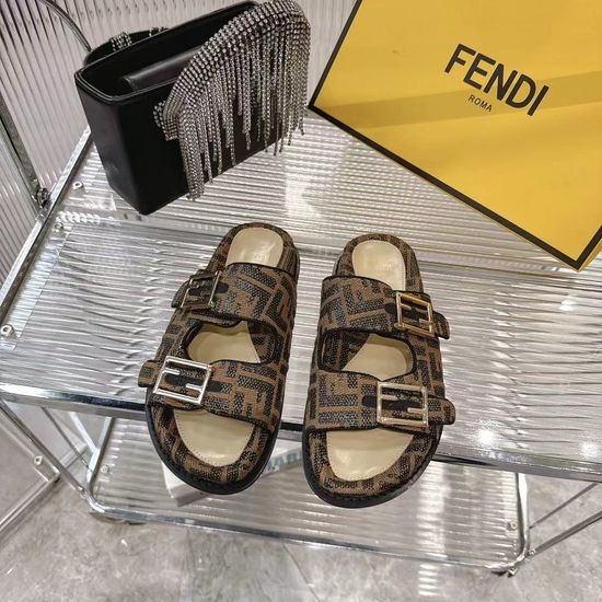 Fendi Monogrammed Two Band Leather Slide Sandals
