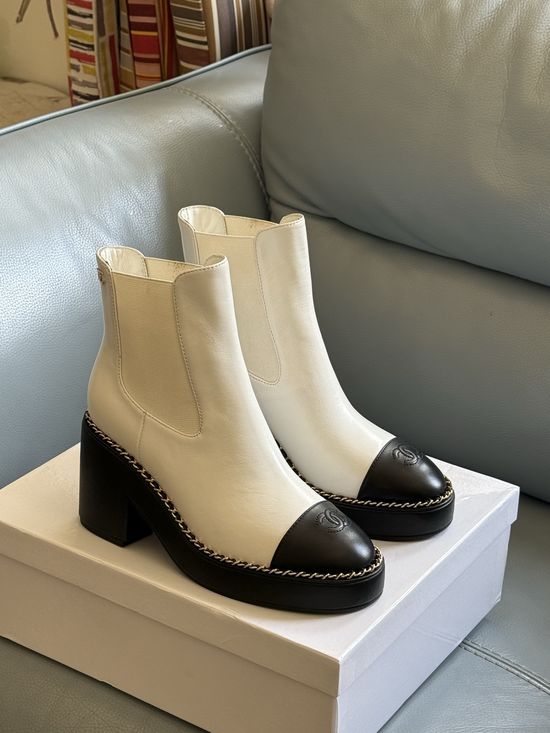 Chanel Elegant Color Block Chunky Heel Ankle Boots
