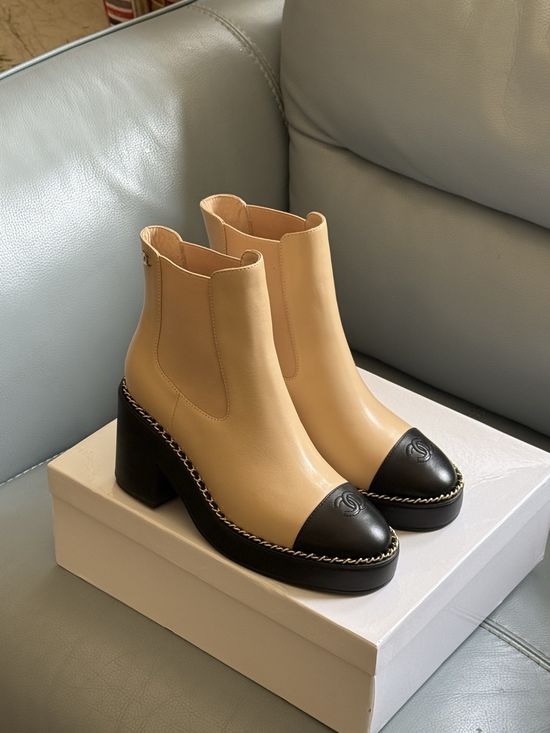 Chanel Elegant Color Block Chunky Heel Ankle Boots