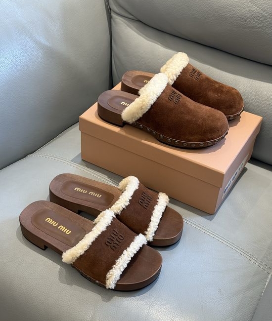 Miu Miu Soft Wool Lined Wooden Sole Clog Slippers