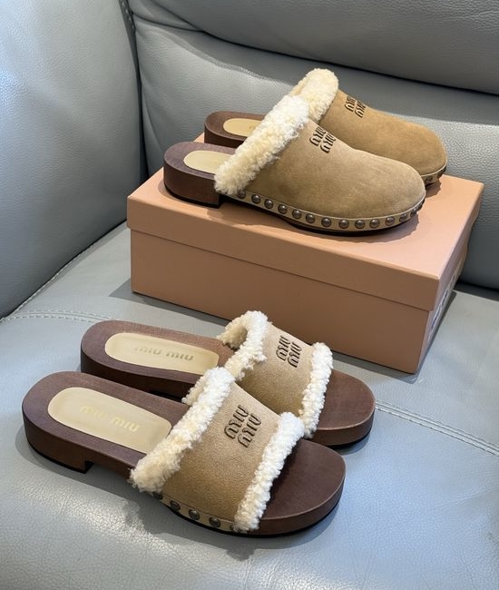 Miu Miu Soft Wool Lined Wooden Sole Clog Slippers
